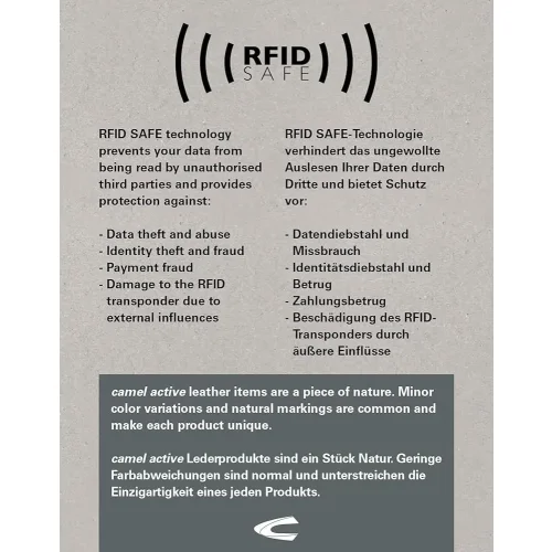 Technologia RFID SAFE w portfelu Camel Active – ochrona kart płatniczych przed skanowaniem. RFID SAFE technology in Camel Active wallet – protection for payment cards against scanning.